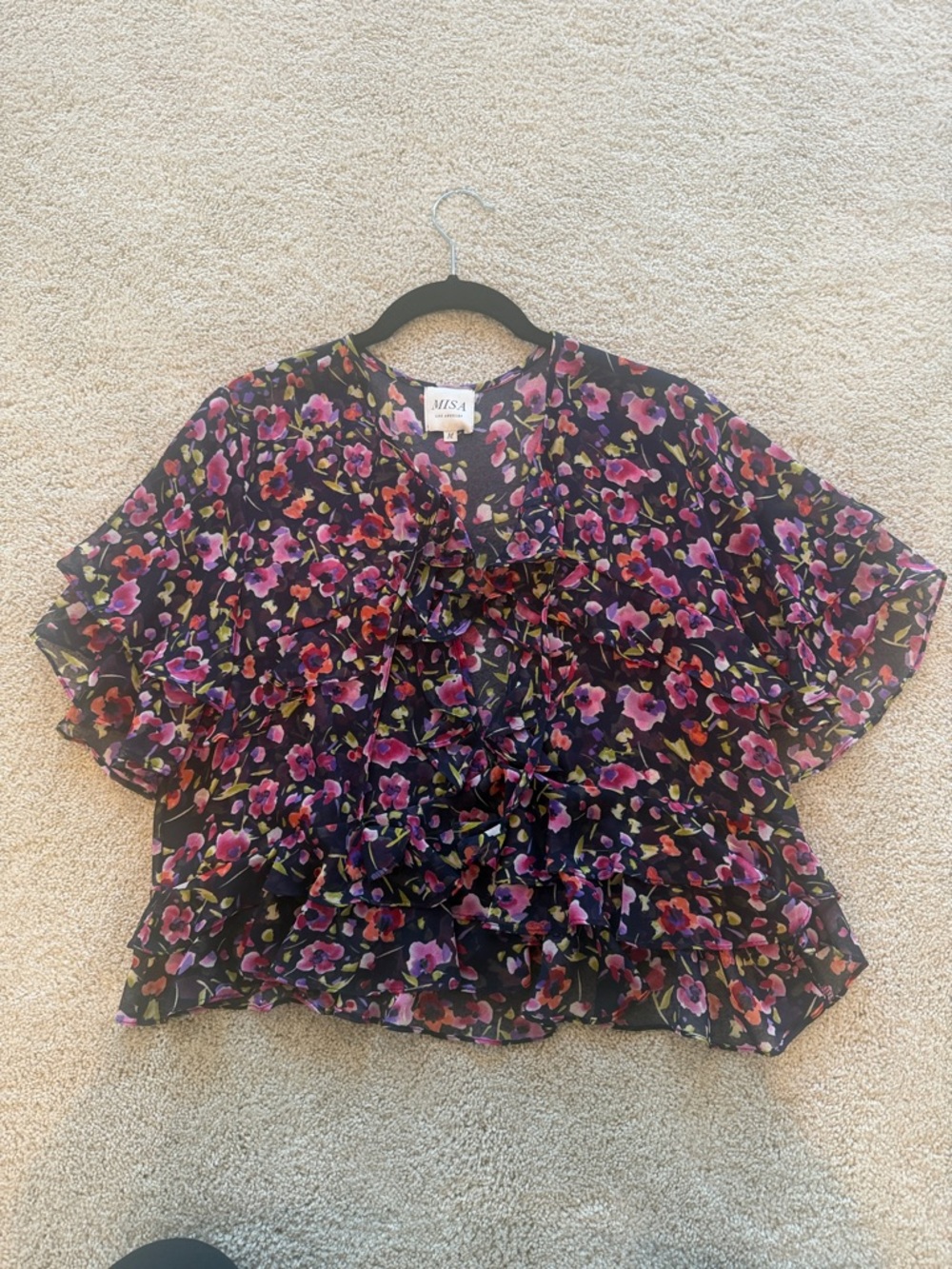Misa Los Angeles Black Short Sleeve Floral Ruffle Blouse